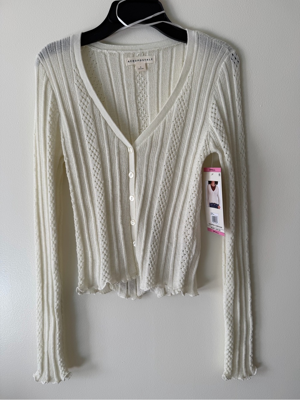 Aeropostale Women's Cream Knit V-Neck Button-Up Cropped Cardigan